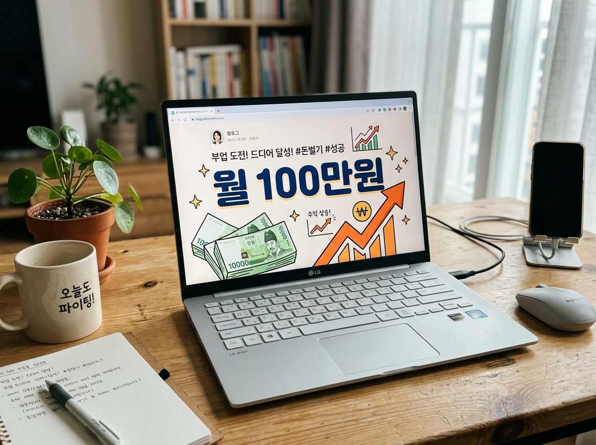 노트북 화면에 '월 100만원'이라는 글자가 크게 보이고, 그 주변에 돈다발과 성장하는 그래프가 그려진 일러스트