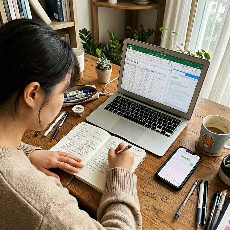 책상 위에 놓인 노트북, 가계부, 펜을 들고 시장 조사를 하는 한국인 30대 직장인