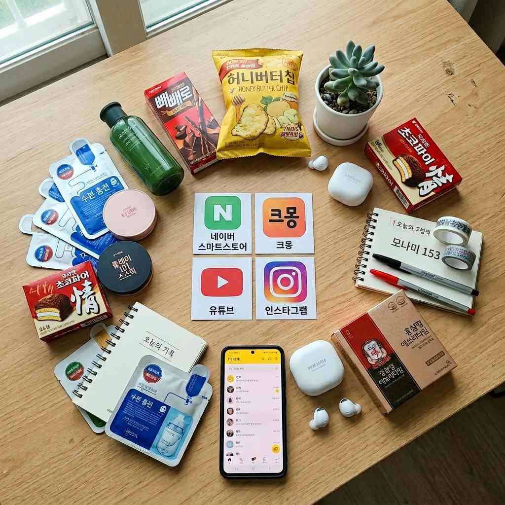 다양한 온라인 플랫폼 아이콘 (스마트스토어, 크몽, 유튜브, 인스타그램)이 중앙에 배치되고 주변에 관련 상품들이 배열된 모습