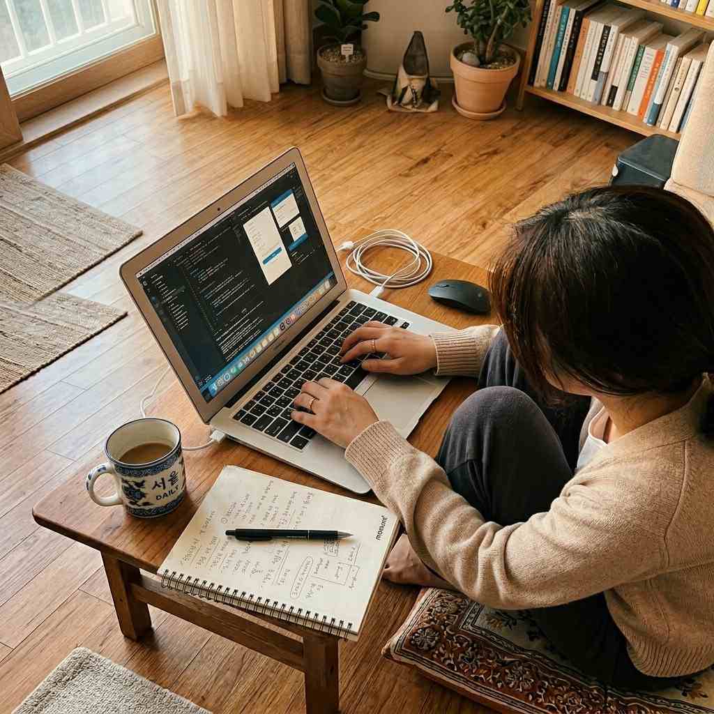 한국인 직장인이 퇴근 후 집 거실에서 노트북으로 부업 관련 작업을 하는 모습, 옆에는 커피잔이 놓여 있음