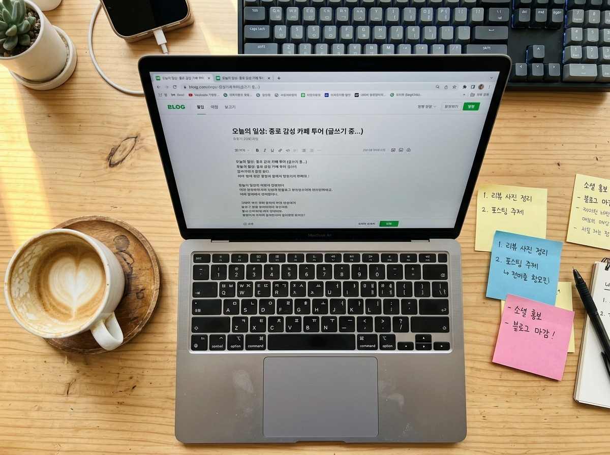 한국인 블로거가 노트북으로 글을 작성하는 책상 위 모습, 커피잔과 메모지가 놓여 있음