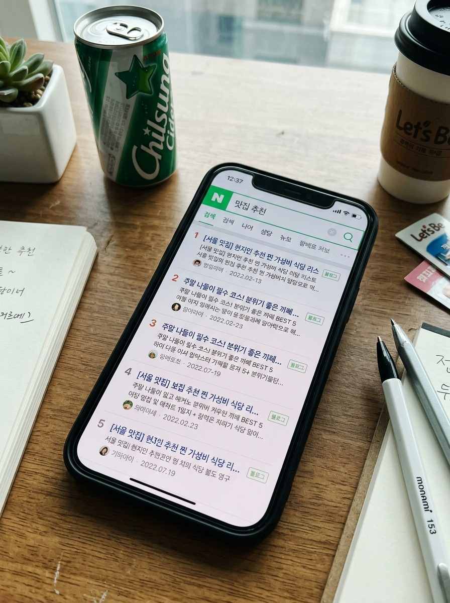 한국어로 된 검색 엔진 결과 페이지 화면 캡처, 상위 노출된 블로그 글 제목들이 보임