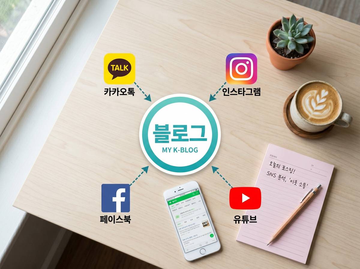 다양한 SNS 아이콘 (카카오톡, 페이스북, 인스타그램, 유튜브)과 화살표가 블로그 아이콘으로 향하는 모습