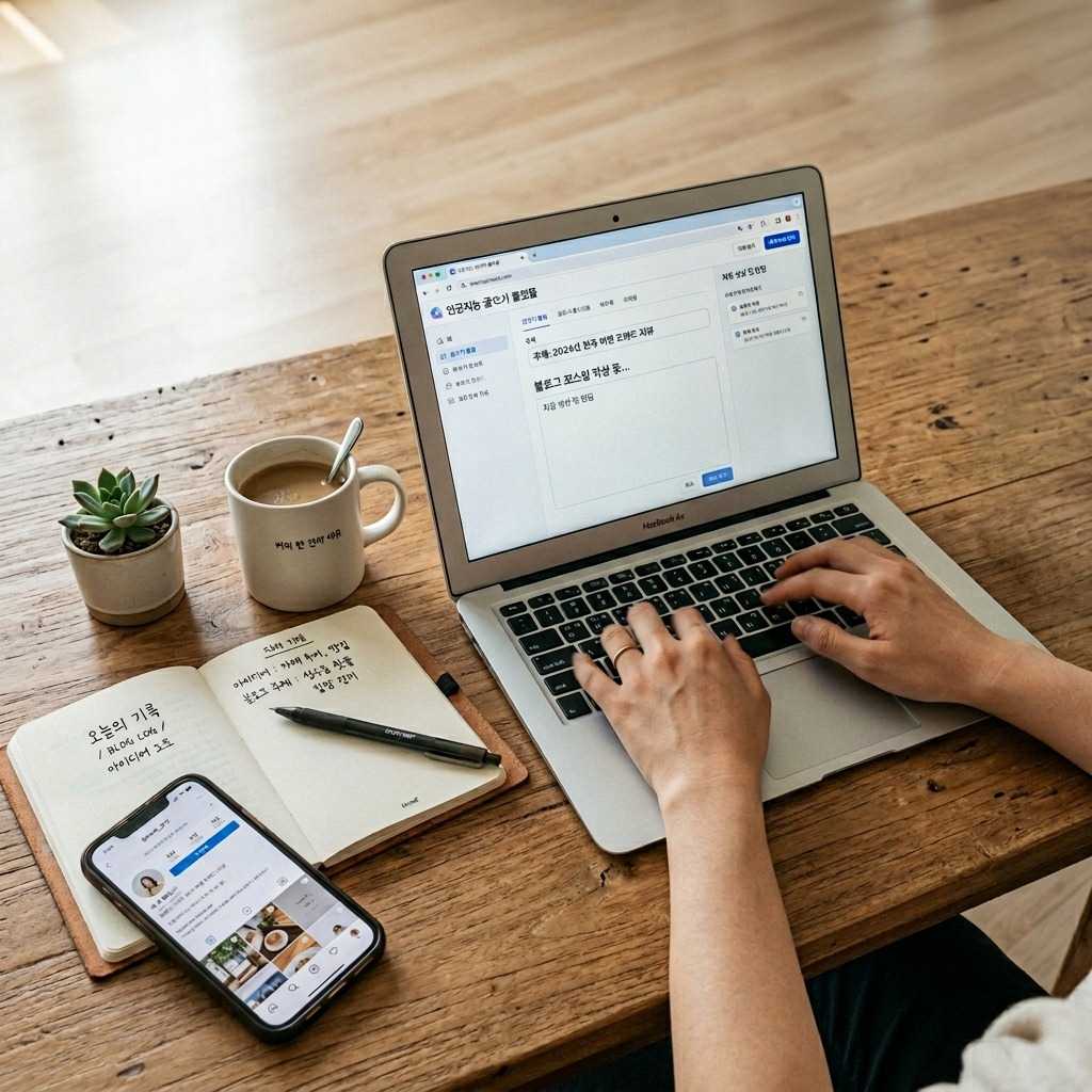 한국인 블로거가 책상에서 노트북으로 AI 글쓰기 도구를 사용하는 모습