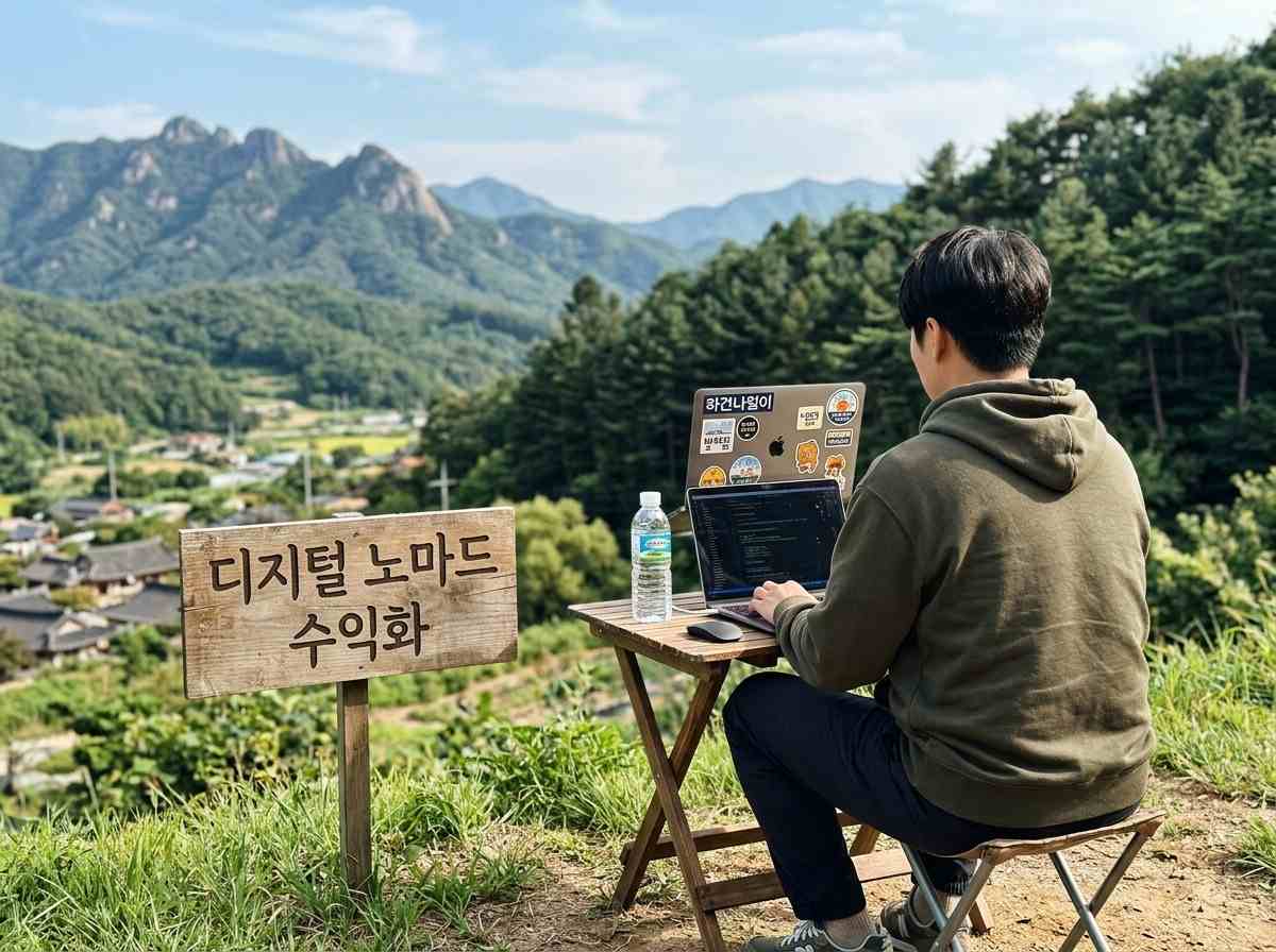 한국의 아름다운 자연 풍경을 배경으로 노트북으로 작업하는 디지털 노마드의 뒷모습, 한글로 '디지털 노마드 수익화'라고 쓰여진 안내판