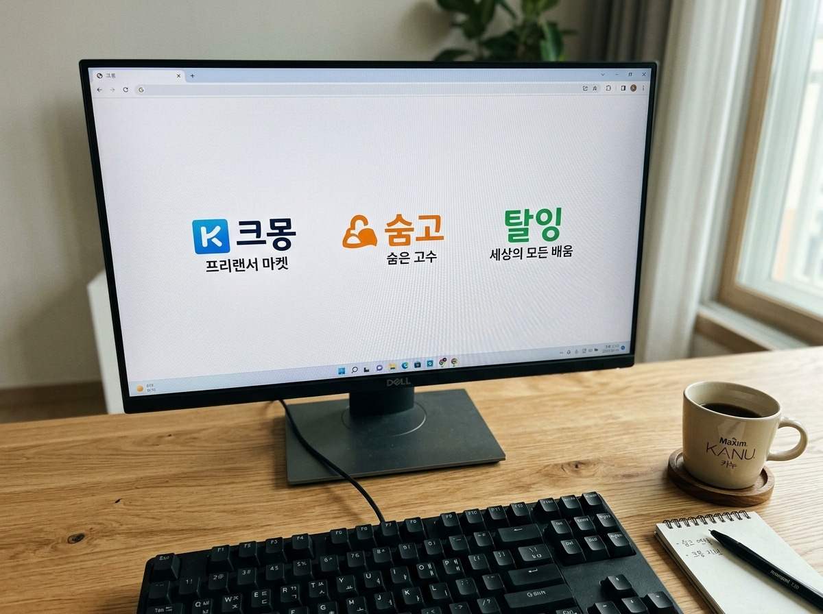 한국의 대표적인 프리랜서 플랫폼인 크몽, 숨고, 탈잉 로고가 나열된 모니터 화면