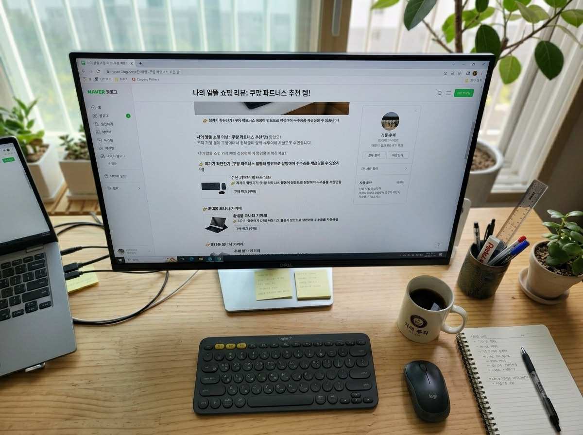 컴퓨터 화면에 쿠팡 파트너스 제휴 링크가 삽입된 블로그 게시물 예시