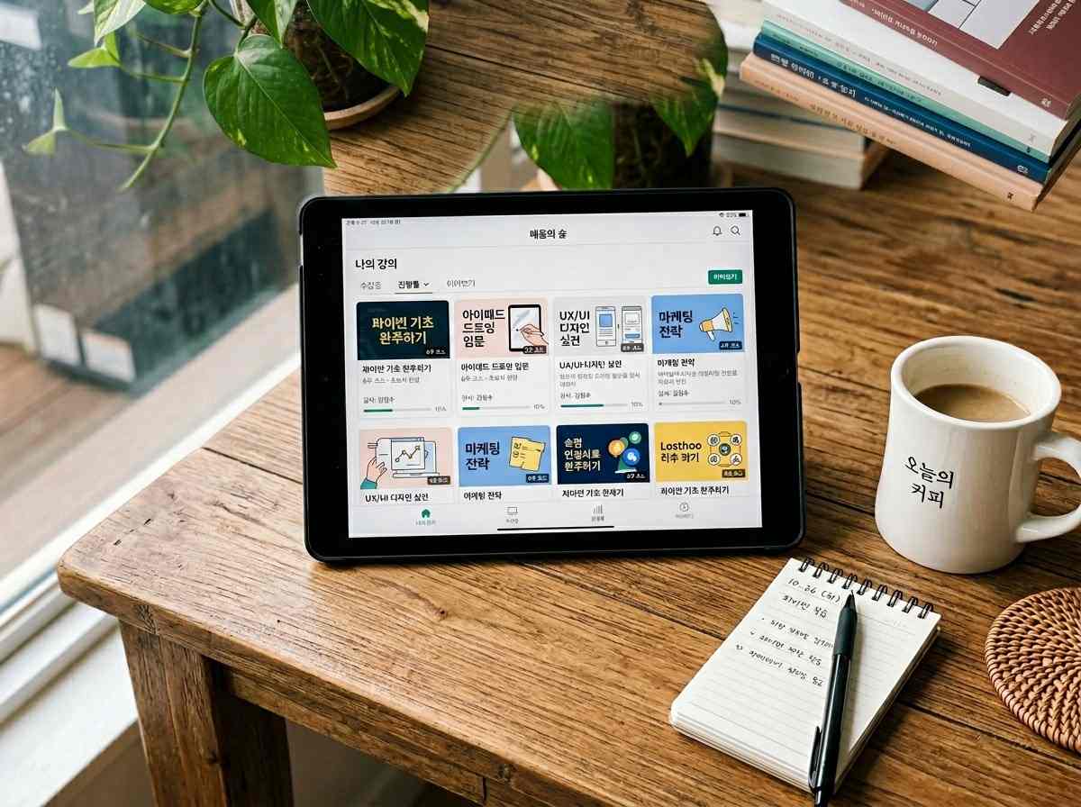 한국어로 된 온라인 강의 플랫폼(클래스101, 인프런)의 강의 목록이 보이는 태블릿 화면