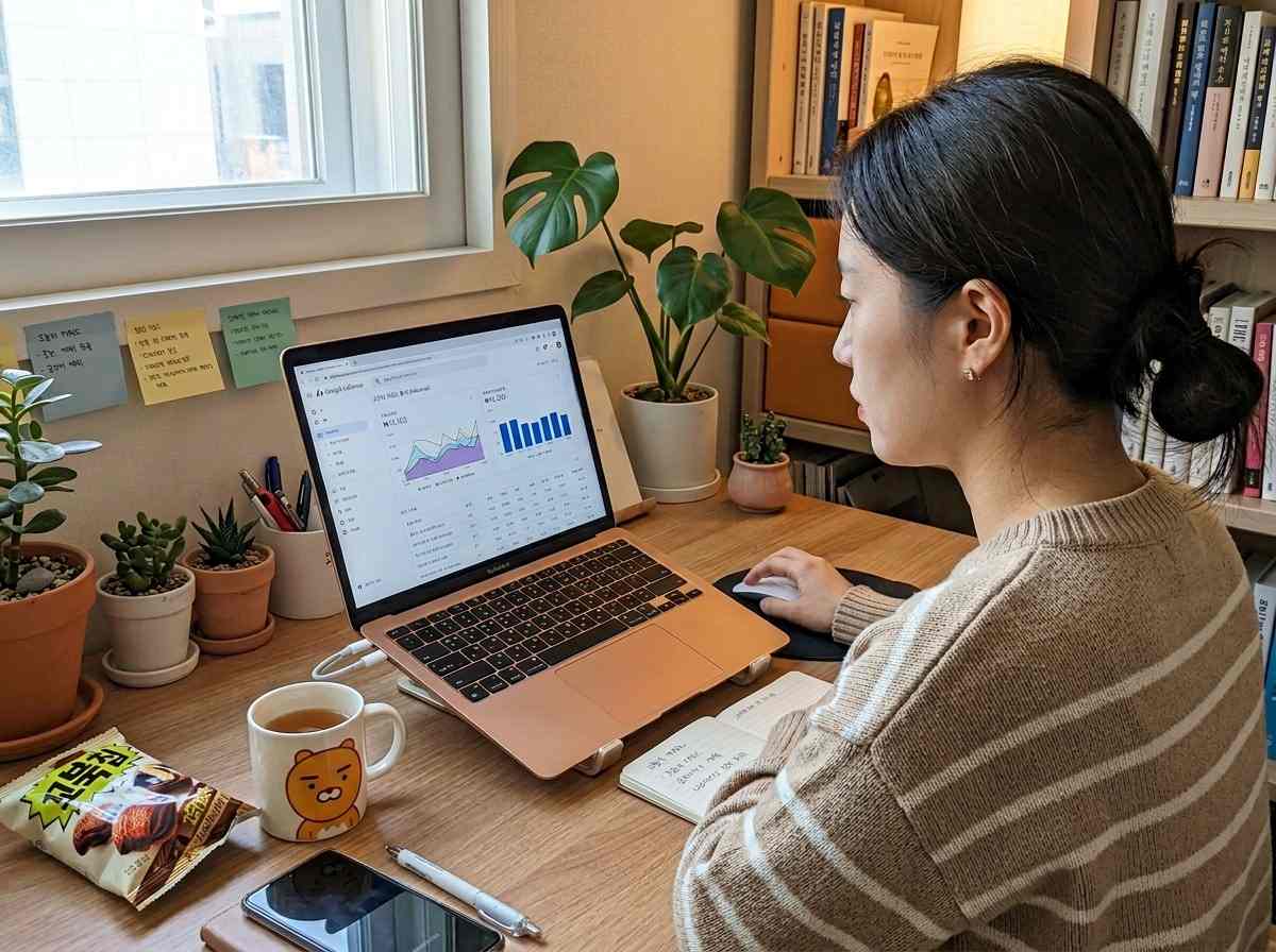 한국인 초보자가 노트북으로 월 100만원 부업 아이템을 검색하고 계획하는 모습